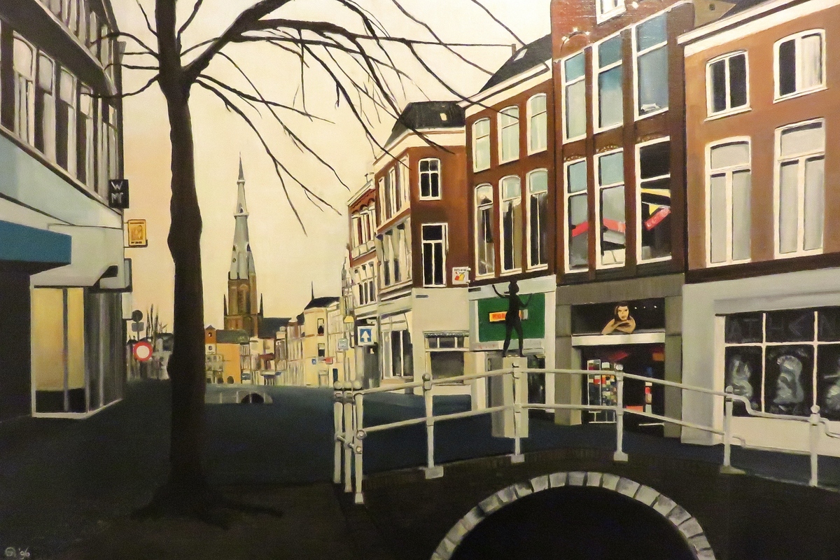 Mata Hari Stadsgezicht Leeuwarden De Kelders, Peter Boonstra Kunstschilder,olieverf op doek